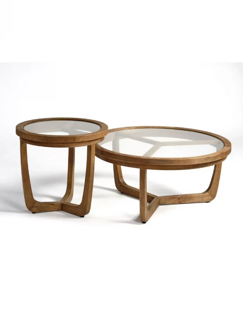 Ariana oak wood and glass round coffee table
